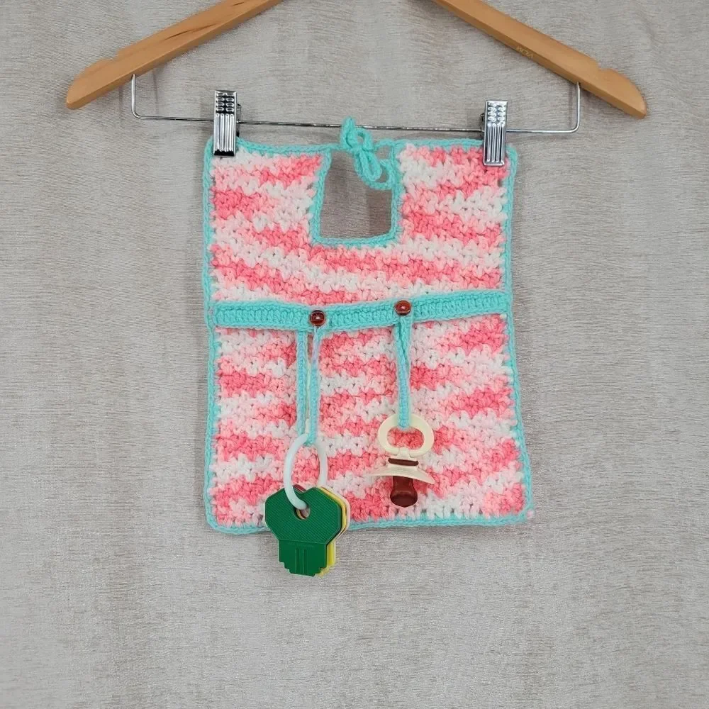 Playtime Bib Hand Crochet Pink & Mint With Toy Attachments Vintage 80s